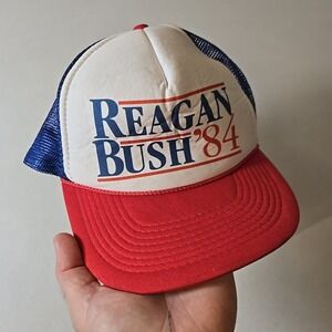 VTG Reagan Bush '84 Nissun Mesh Trucker Hat‎ Foam Red White Blue Snapback 1990s